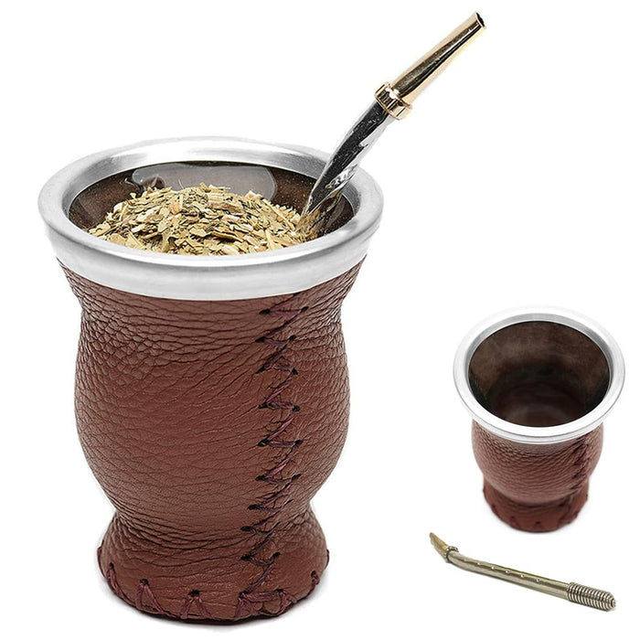 Leather Glass Yerba Mate Gourd Set Mate Cup Bombilla Straw Drink Argentina Brown
