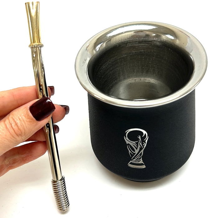 Argentina Mate Gourd Bombilla Afa 3Star Worldcup Stainless Steel Straw Black Cup