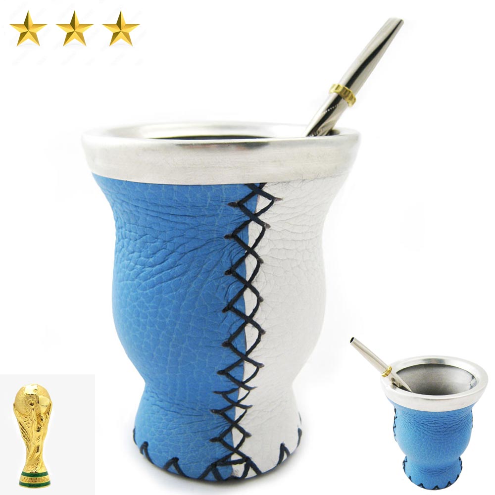 Mate Gourd Genuine Leather Glass W/ Bombilla Straw Argentina World Cup Copa 2022