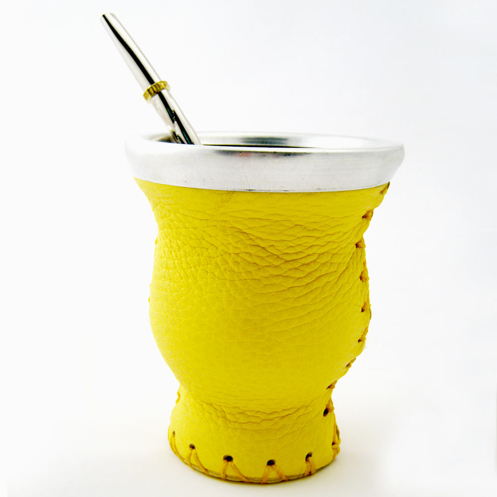 Metal Yellow Mate Gourd Leather Glass inside with Straw Argentina Gaucho Drink Tea Washeable
