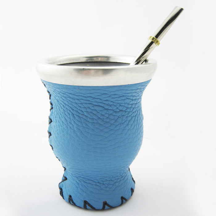 Mate Gourd Leather Glass Bombilla Straw Argentina Gaucho Detox Drink Tea L Blue