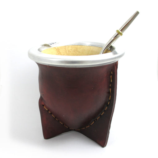 Argentina Mate Gourd Yerba Tea Brown Leather Covered Bombilla Straw Kit Set 9600