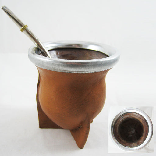 Argentina Mate Gourd Yerba Tea Brown Leather Covered Glass Bombilla Straw 119587