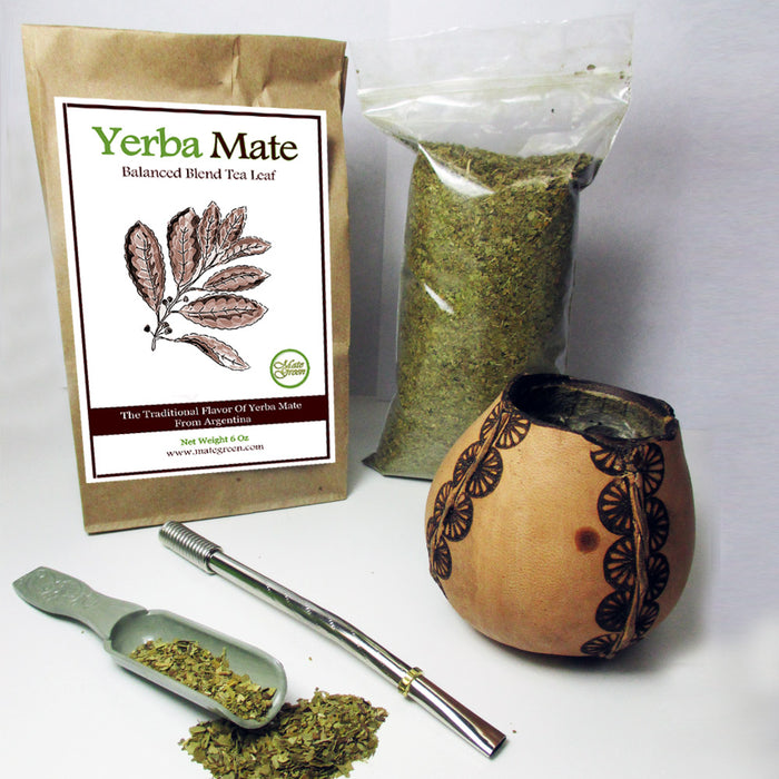 4Pc Argentina Yerba Mate Tea Gourd Cup Straw Bombilla 6oz Leaf Bag Kit Gift 3326