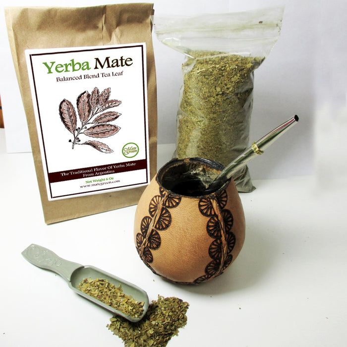 4Pc Argentina Yerba Mate Tea Gourd Cup Straw Bombilla 6oz Leaf Bag Kit Gift 3326