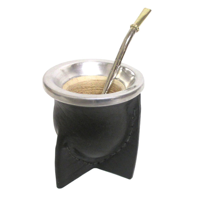 Leather Argentina Mate Gourd Kit Yerba Tea With Bombilla Straw Set Black 8440