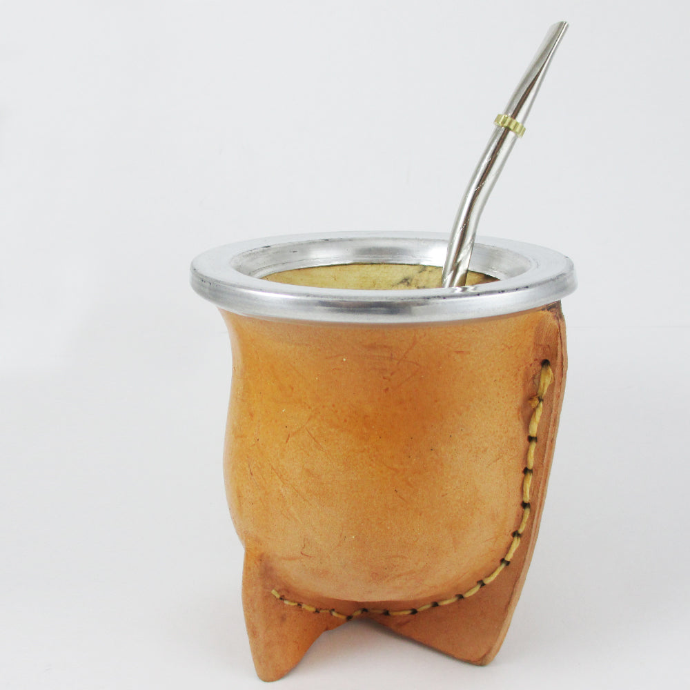 Leather Argentina Mate Gourd Yerba Tea Handmade Bombilla Straw Detox Tan 9679