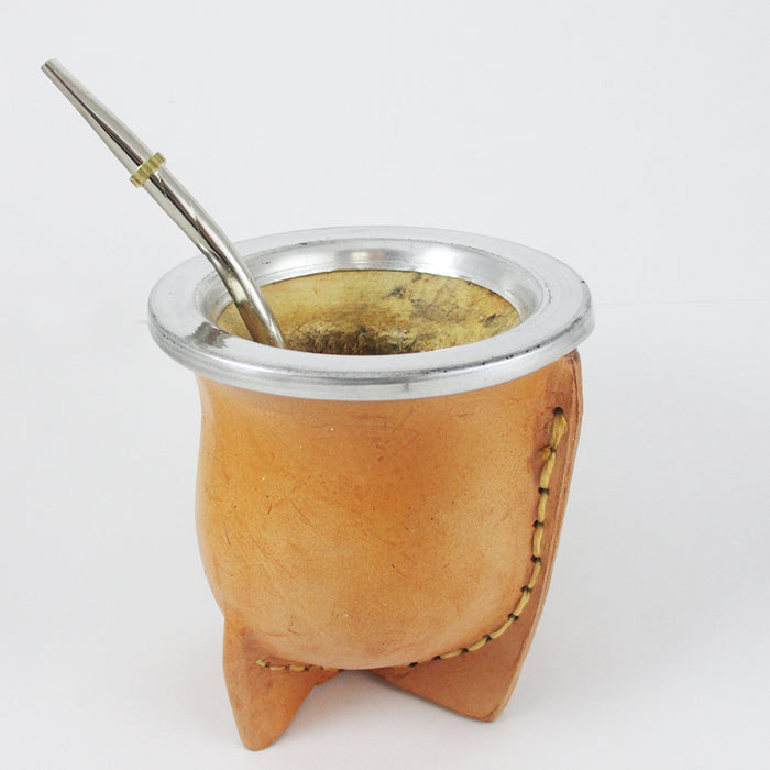 Leather Argentina Mate Gourd Yerba Tea Handmade Bombilla Straw Detox Tan 9679